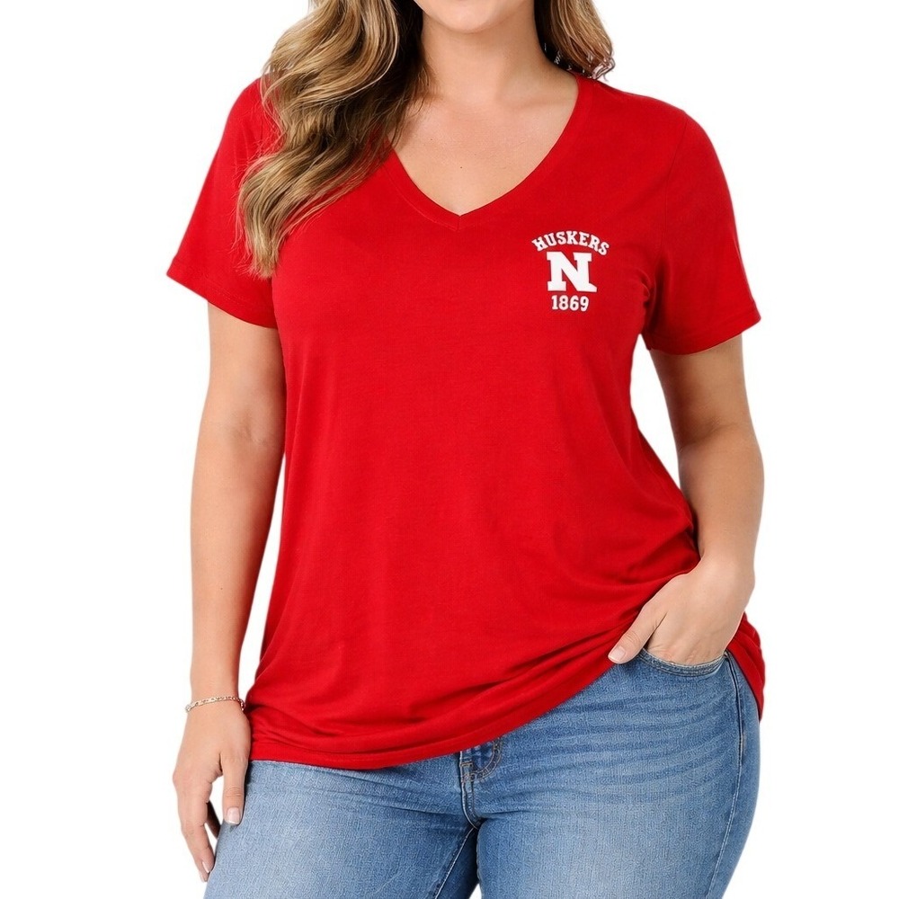 PINK Victoria's Secret Nebraska Huskers N 1869 Pocket Deep V Neck T‎ Shirt Red L